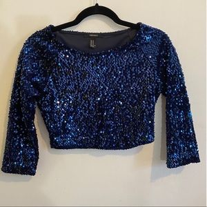 Blue Sequin 3/4 Sleeve Crop Top